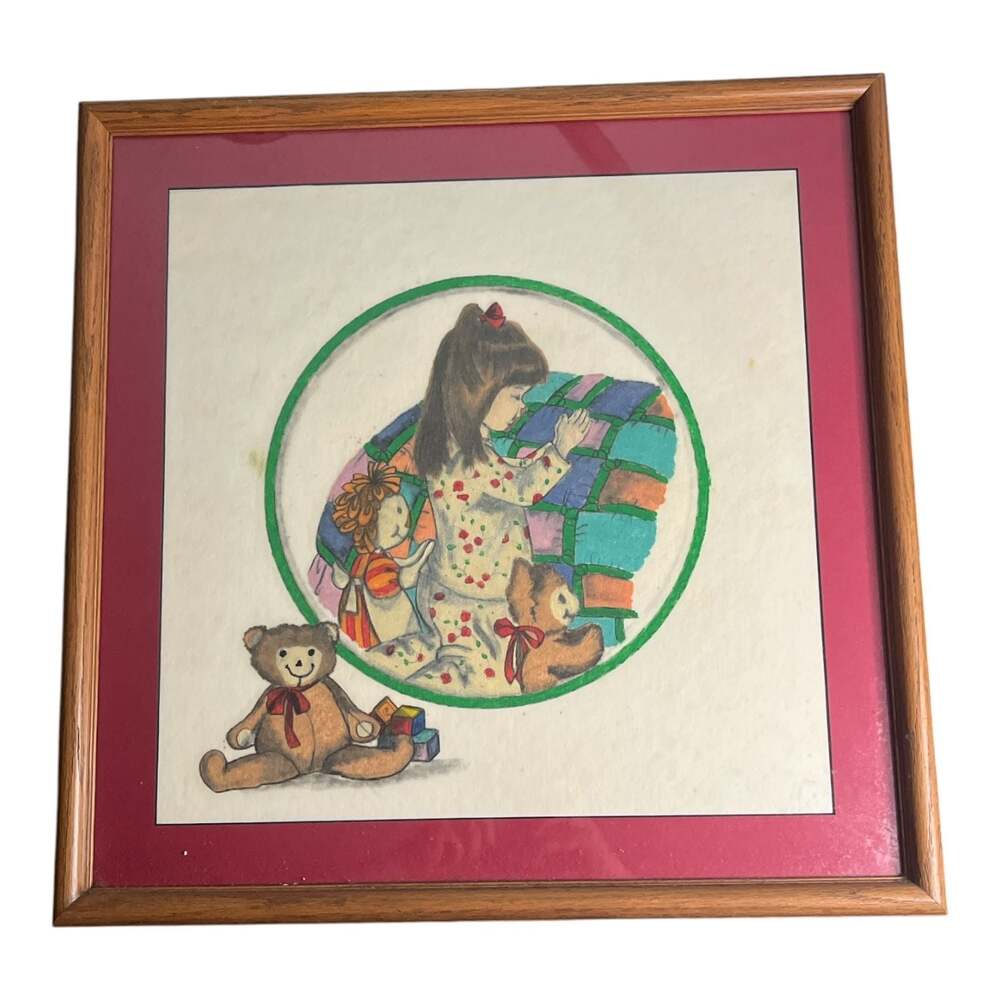 Vintage Framed Original Colored Pencil Drawing of Little Girl Praying with Toys